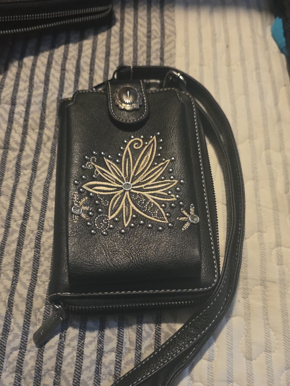 Women's Black Wristlet Wallet with Gold Floral Embroidery
